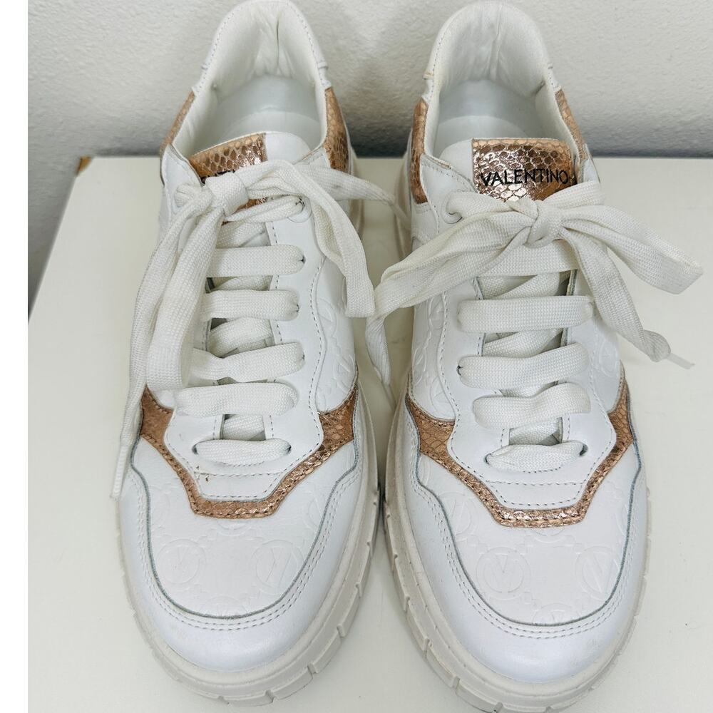 Valentino Minerva Monogram White & Rose Gold Leather Lace Sneaker 9 - Picture 5 of 15